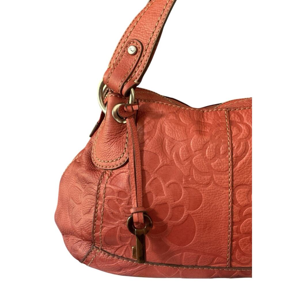 Fossil Shoulder Bag Coral Embossed Floral Double Handle Tortoise Key Charm EUC - Picture 2 of 16